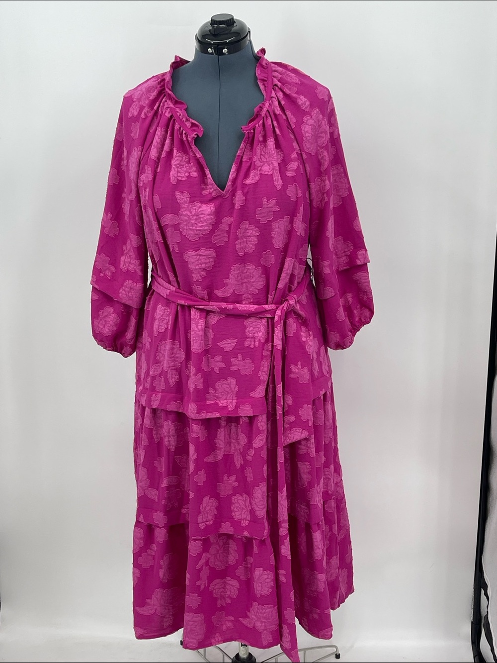 The Pioneer Woman Fuchsia Floral Tiered RUFFLE MIDI Tie-Waist Dress SIZE XL